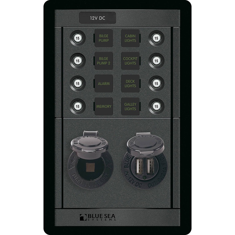 Blue Sea 1498 – 360 Panel – 8 Position 12V Panel w/Dual USB  12V Socket